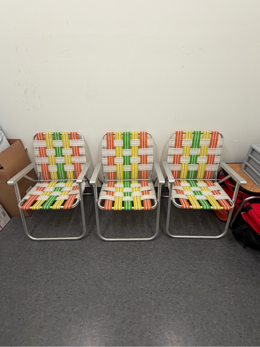 Set of 3 Vintage Aluminum Webbed Folding Beach lawn chairs 1970s Orange yellow